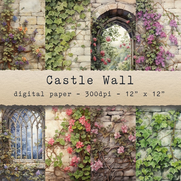 Castle Wall - digital papers, watercolour, backgrounds, scrapbooking, jpg, junk journal, printable, collage, fairy tale