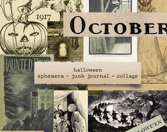 Halloween pictures & words - junk journals, ephemera, printable paper crafts, scrapbooking, collage sheet, digital download, fussy cut