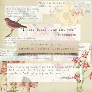 Jane Austen Quotes - ephemera, junk journals, printable paper crafts, scrapbooking, collage sheet, digital download, pink, shabby