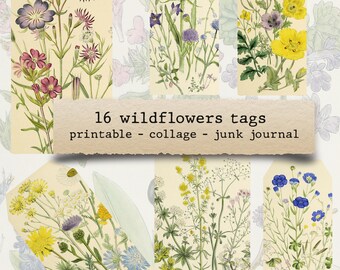 Floral Tags - British wildflowers, printable, junk journal, collage, scrapbook