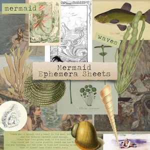 May include: A collage of images with a mermaid theme. The collage includes illustrations of mermaids, seashells, seaweed, and a fish. The text "Mermaid Ephemera Sheets" is included in the collage.