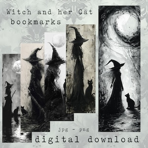 Könnte beinhalten: Vier digitale Lesezeichen mit einer Hexe und ihrer schwarzen Katze in einer dunklen, mondbeschienenen Waldlandschaft. Die Lesezeichen sind in Schwarzweiß mit einem Aquarelleffekt gehalten. Der Text "Witch and her Cat bookmarks" befindet sich oben im Bild.