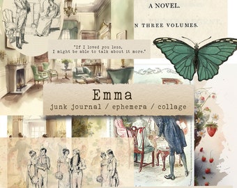 Op de afbeelding: Een collage van afbeeldingen geïnspireerd door de roman "Emma" van Jane Austen. De collage bevat een tekening van een stel in een kamer, een vlinder en een citaat uit het boek. De tekst "Emma" is geschreven in een vintage lettertype met de woorden "junk journal / ephemera / collage" eronder.