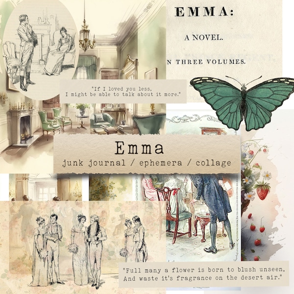 Emma by Jane Austen  - ephemera, junk journals, printable paper crafts, scrapbooking, collage sheet, digital download