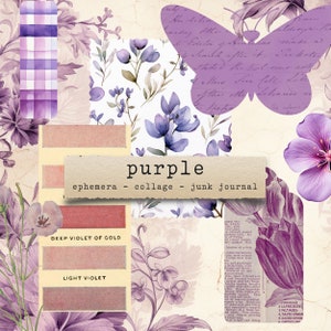Roxo - coisas efêmeras, diários indesejados, artesanato em papel para impressão, scrapbooking, folha de colagem, download digital, vintage, estético, kit de colagem