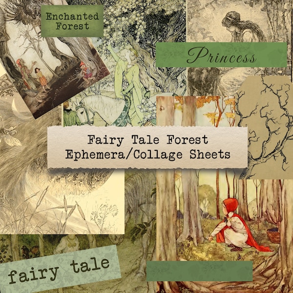 Fairy Tale Forest Collage Sheet - words and pictures for junk journals, printable paper crafts, ephemera, scrapbooking, download, fussy cut