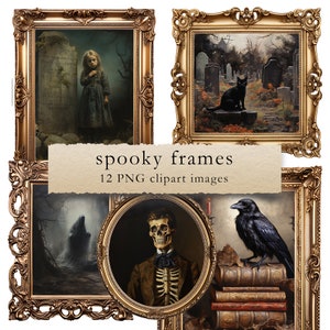 May include: Set of 12 spooky frames with ornate gold trim. Each frame features a different Halloween-themed image, including a girl in a graveyard, a black cat, a skeleton, and a raven.