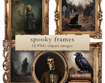 May include: Set of 12 spooky frames with ornate gold trim. Each frame features a different Halloween-themed image, including a girl in a graveyard, a black cat, a skeleton, and a raven.