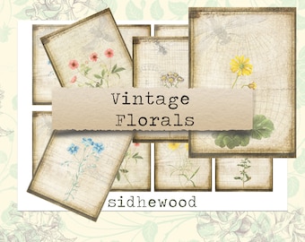 Vintage Floral - 8 tarjetas tamaño ATC para scrapbooking, diarios basura, correo postal, aceo, efímeras, aceo