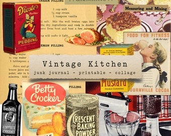 May include: Vintage kitchen collage with images of cake mixes, pudding, frosting, and other baking supplies. The collage includes text such as "Vintage Kitchen", "Junk Journal", "Printable", and "Collage".