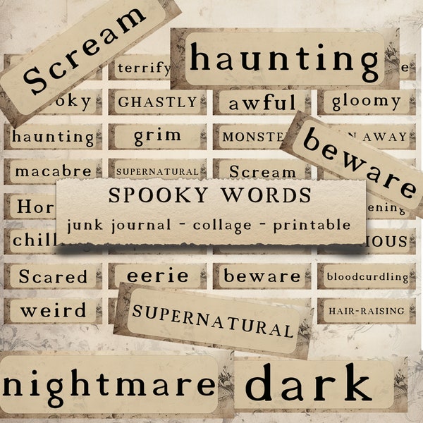 Spooky Words - for junk journals, ephemera, printable paper crafts, scrapbooking, collage sheet, digital download, fussy cut, halloween