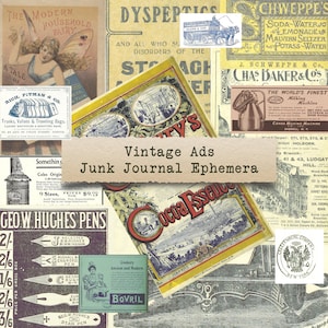 Anúncios Vintage - itens efêmeros para diários de lixo, artesanato em papel para impressão, scrapbooking, download digital, corte exigente, anúncios, neutro