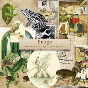 Grenouilles - éphémères, journaux indésirables, travaux manuels en papier imprimables, scrapbooking, feuille de collage, téléchargement numérique, vintage