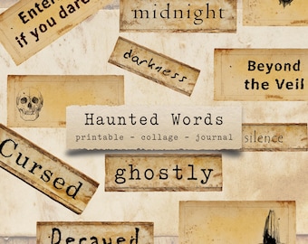 Könnte beinhalten: Eine Collage aus Papieretiketten im Vintage-Stil mit gruseligen Wörtern und Bildern. Die Etiketten zeigen Wörter wie "Cursed", "Midnight" und "Ghostly". Ein zentrales Etikett lautet "Haunted Words". Ein Schädel und eine Fledermaus sind ebenfalls abgebildet.