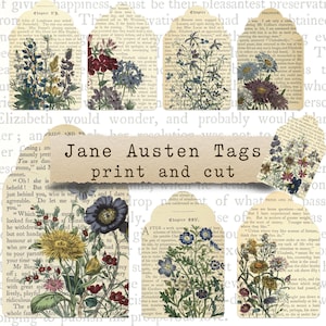 Jane Austen Tags - efemere, junkdagboek, afdrukbaar, plakboek, digitale download, trots en vooroordelen, cadeaulabel, bloemen, leesgrage