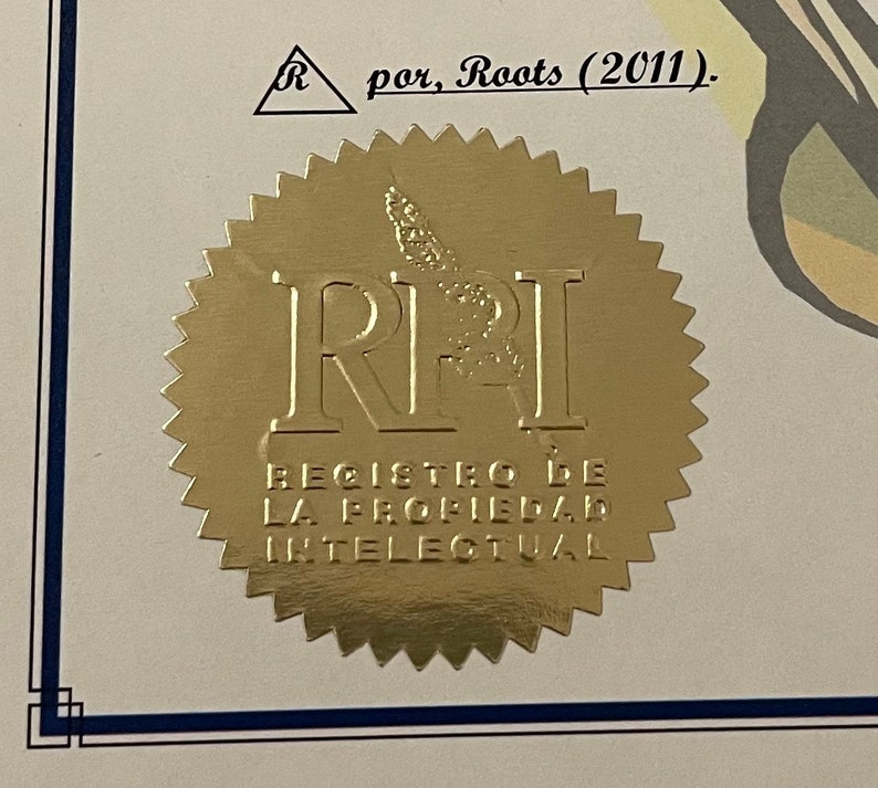 Puede incluir: Un sello dorado con el texto "RPI REGISTRO DE LA PROPIEDAD INTELECTUAL" y un dise&ntilde;o de p&aacute;jaro estilizado.