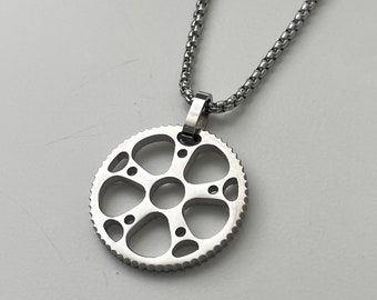 Stainless Steel Bike Sprocket Necklace, Bicycle Crank Pendant