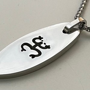 Op de afbeelding: Een zilveren ovale hangerketting met een zwart kikkerontwerp. De hanger is bevestigd aan een zilveren ketting.