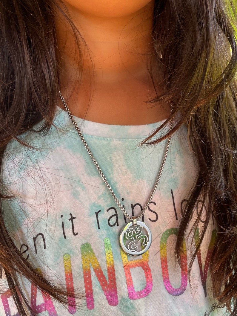 Puede incluir: Un collar de cadena de plata con un colgante redondo que presenta un dise&ntilde;o recortado de una rana. El collar lo lleva una persona que lleva una camisa azul claro con un patr&oacute;n de arco&iacute;ris y el texto "Cuando llueve busca arco&iacute;ris".