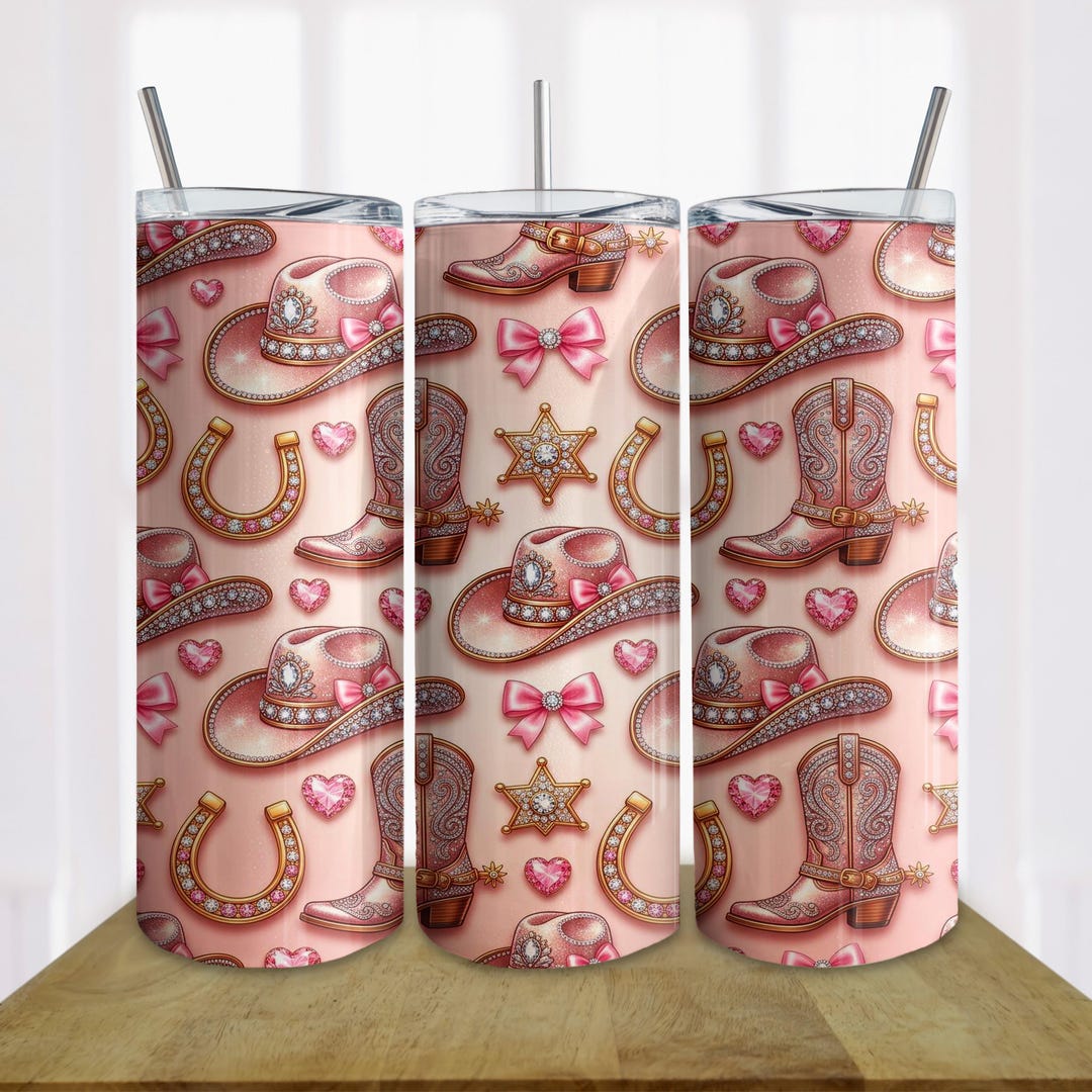 Western Tumbler Wrap PNG Pink Cowgirl Boots Hat Bling 20oz Skinny ...
