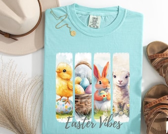 Comfort Colors Easter Bunny T-Shirt Watercolor Easter Vibes Shirt Bright Rabbit T Shirt Easter Lamb Chick Shirt Easter Egg Rabbit Gift Tee