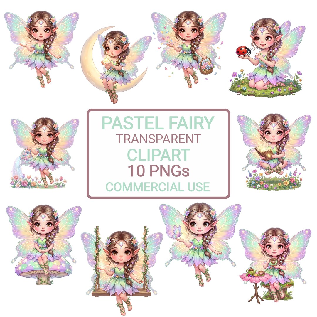 Pastel Fairy Clipart Bundle Chibi Fairy Watercolor PNG Set Cute Spring ...