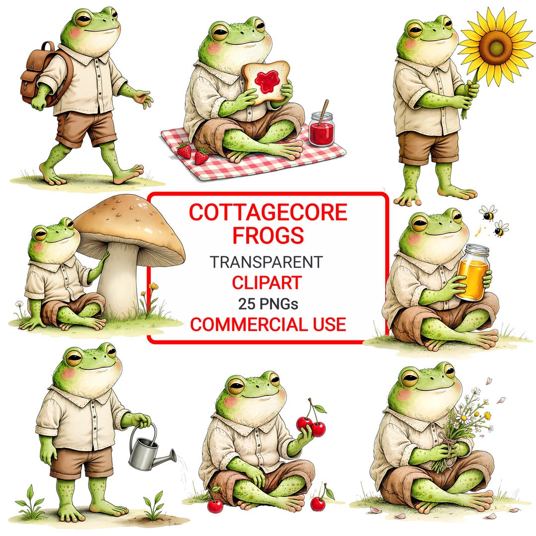 Cottagecore Frog Clipart Bundle, Cute Frog PNG, Cozy Aesthetic Animals ...