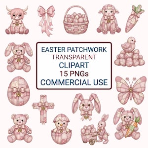 May include: A set of pink patchwork Easter-themed clip art images. The collection includes a Highland cow, a bow, a basket of eggs, a lamb, a carrot, a bunny, an egg, a cross, a chick, a bird, a butterfly, a teddy bear, and a bunny with a cart of eggs.