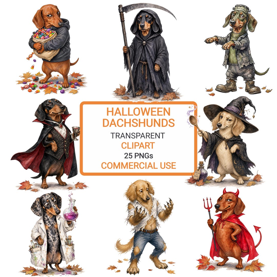 Halloween Dachshund Clipart PNG Bundle Cute Sausage Dog Halloween ...
