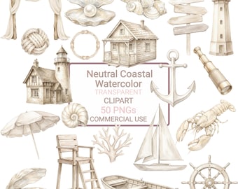 Neutral Coastal Watercolor Clipart Bundle Beige Nautical Marine PNG Elegant Beach House Graphic Driftwood Frames Lighthouse Marina Beach Hut