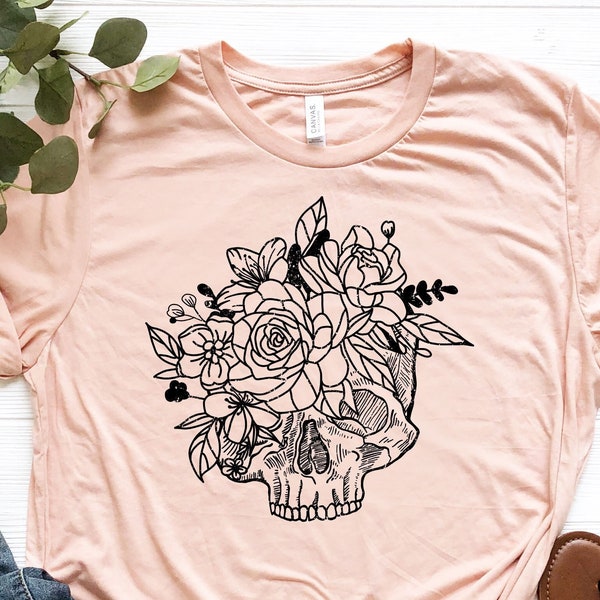 Floral Skull T-Shirt, Sugar Skull Flower, Halloween Shirt, Halloween Gifts, Skull Print, Skull with Flowers, Women's Halloween Graphic Shirt