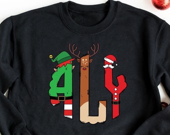 Christmas Monogram Sweatshirt, Reindeer Elf Santa Claus Letter Sweatshirt, Custom Name Sweater, Christmas Gift, Christmas Pajamas , Xmas Tee