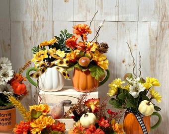 Fall Tiered Tray Mini Floral Decor, Mini Mug Floral Arrangement