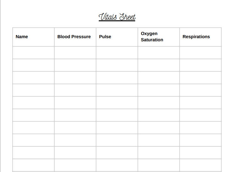 Printable Vitals Sheet for Healthcare Professionals Vital Recording Printable Vitals Sheet for Healthcare Professionals Vital Recording