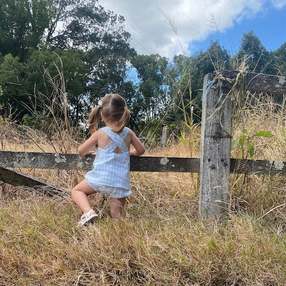 Cross Strap Linen Shift Top & Bloomers Set Ice Blue Linen Gingham  