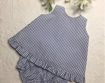 Frilly Hem Sundress Top & Matching Bloomers Set - Blue White Windowpane Check