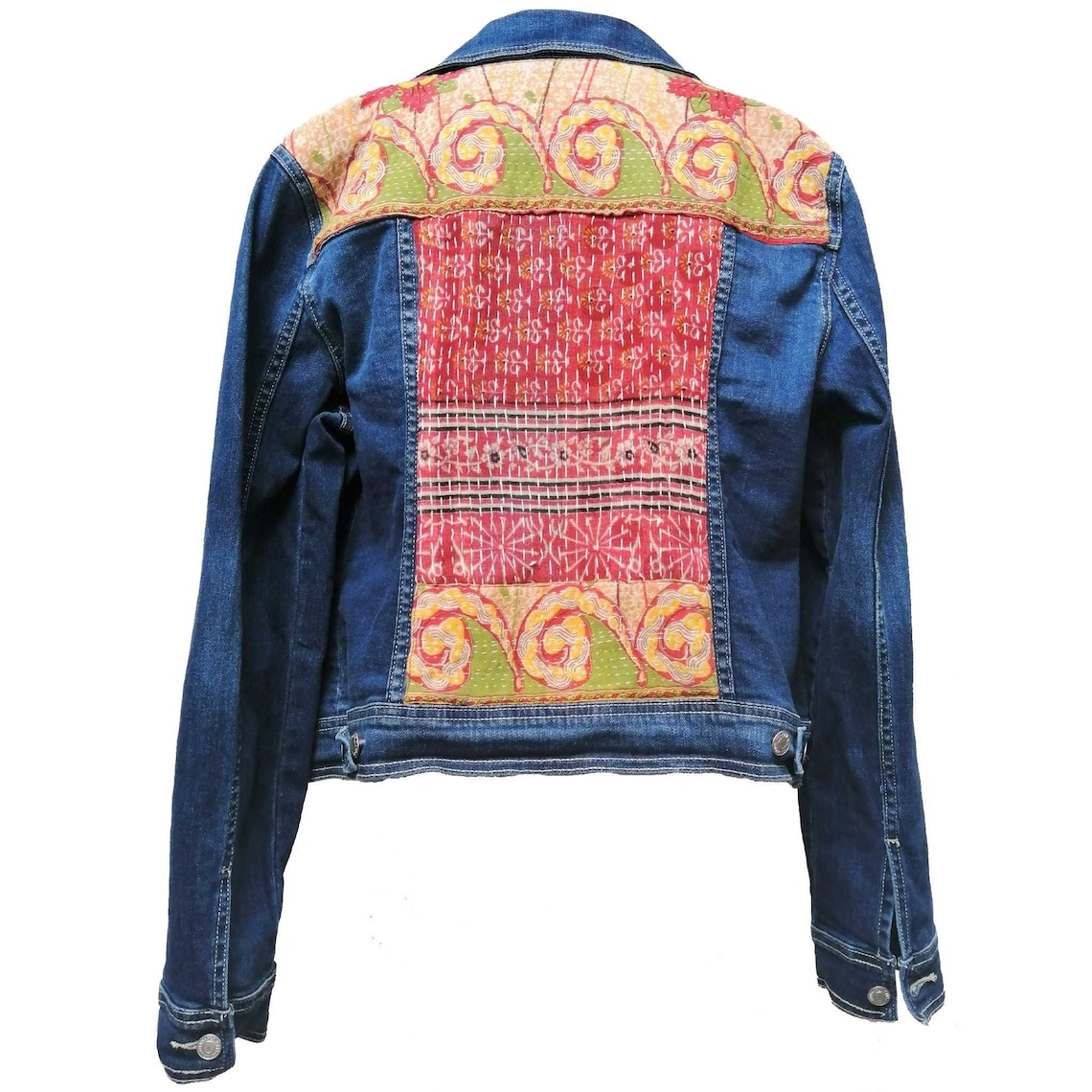 Denim Jacket With Indian Stitched Kantha Patterned Fabric - Etsy UK
