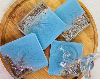 Blue and Silver Resin Coaster Square- set (9.5cm x 9.5cm x 0.8cm)