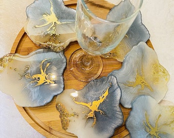 Grey and  Creamy Shell Resin Coasters with Gold Shards