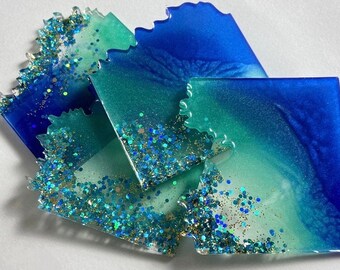 Ocean Blue and Green glittery Square Agate Coater Set  (11cm x 11cm x 0.8cm )