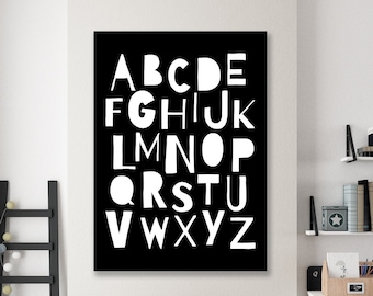 Alphabet Wall Art, Nursery Printable, Kids Room Decor, Black And White Alphabet, Printable Kids Gift, Scandinavian Kids Wall Art, Classroom