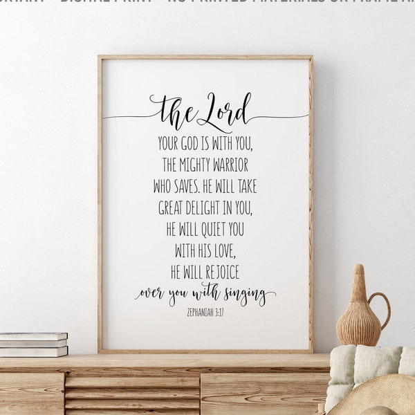 The Lord Your God Is With You The Mighty Warrior Who Saves, Zephaniah 3:17, Christian Wall Art, Bible Verse Printable, Kids Room Decor