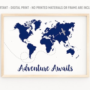 L'aventure vous attend Art mural, citation de motivation, carte du monde de pépinière, décor de pépinière, décor d'aviation de chambre d'enfants, art de mur d'avion