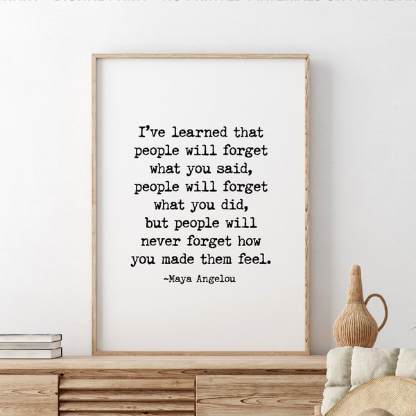 I've learned that people will forget what you said, Maya Angelou Printable Quote, Inspirational, Book Lovers Gift, Literary Quote