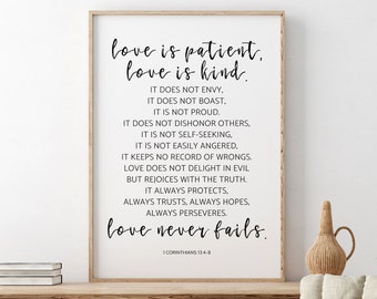 Love Is Patient Love Is Kind, 1 Corinthians 13:4-8, Bible Verse Printable, Wedding Decor, Wedding Gift, Wedding Scripture, Anniversary Gift
