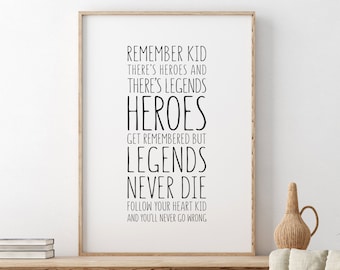 Heroes Get Remembered But Legends Never Die Wall Art, Motivational Quote, Boys Room Decor, Sports Printable Quote, Inspirational Quote