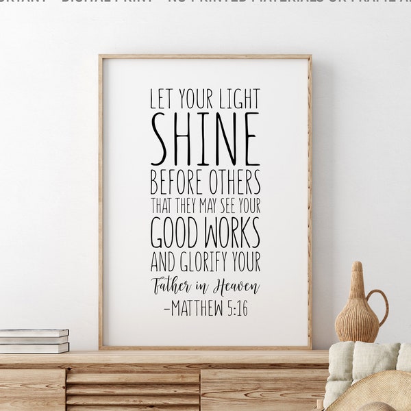 Lass dein Licht vor Anderen leuchten, Matthäus 5:16, christliches Wand-Dekor, druckbare Kunst der Bibelvers, Schrift-Wand-Kunst, Baby-Dusche-Geschenk