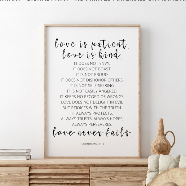 Love Is Patient Love Is Kind, 1 Corinthians 13:4-8, Bible Verse Printable, Wedding Decor, Wedding Gift, Wedding Scripture, Anniversary Gift