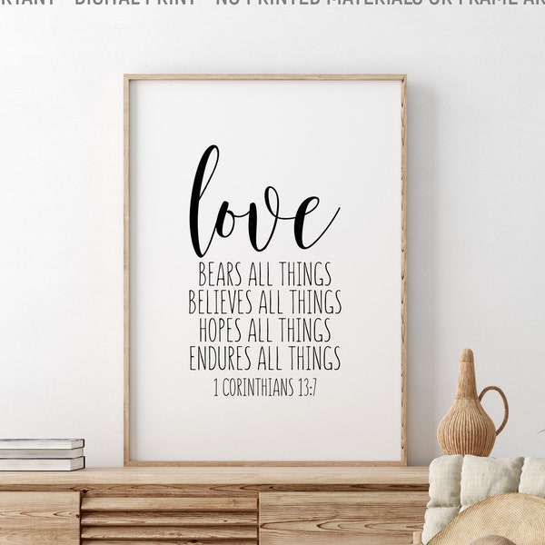 Love Bears All Things, 1 Corinthians 13:7, Bible Verse Printable, Scripture Wall Art, Love Quote, Anniversary Gift, Christian Gift