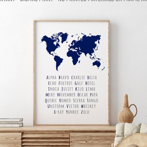 Nato Phonetisches Alphabet Weltkarte, JungenZimmer Dekor, druckbare Weltkarte Poster, Geschenk für Ihn, Flugzeug Alphabet Poster, Pilot Geschenk